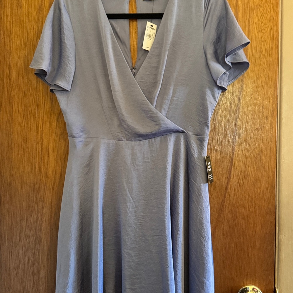 Express Light Blue and Flare Midi Dress with Flutter Sleeves BNWT